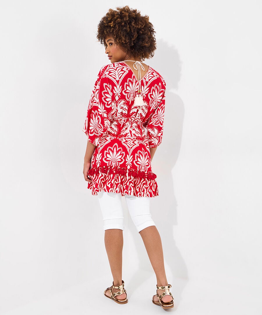 Batwing Tassel Tunic, MEGA RED PALMS, alternate image number 3