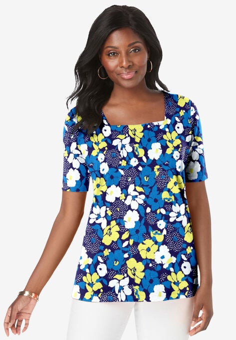Square Neck Tee, NAVY LAYERED FLOWER, hi-res image number null