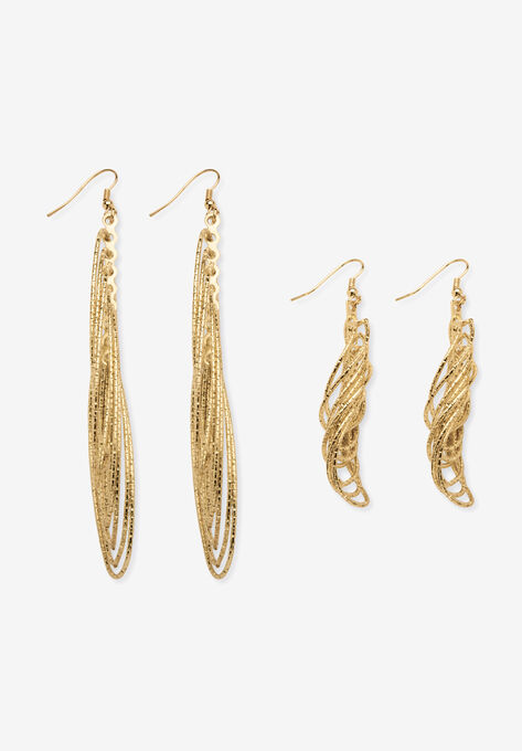 Goldtone Diamond Cut 2 Piece Set Drop Earrings (72x24mm), , on-hover image number null