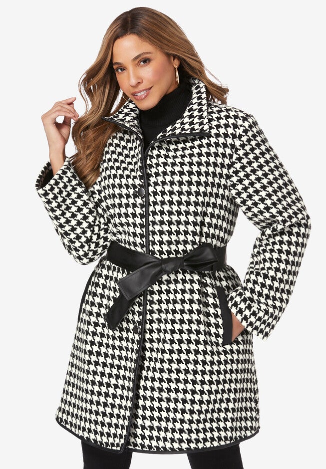 Faux Leather Trimmed Wool Jacket, IVORY HOUNDSTOOTH, hi-res image number null
