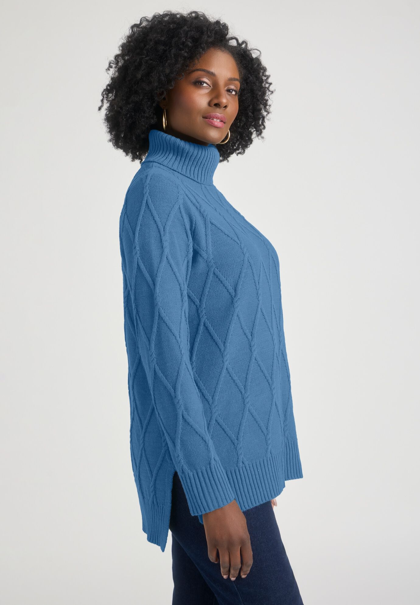 Cable Turtleneck Sweater, DUSTY INDIGO, alternate image number 2