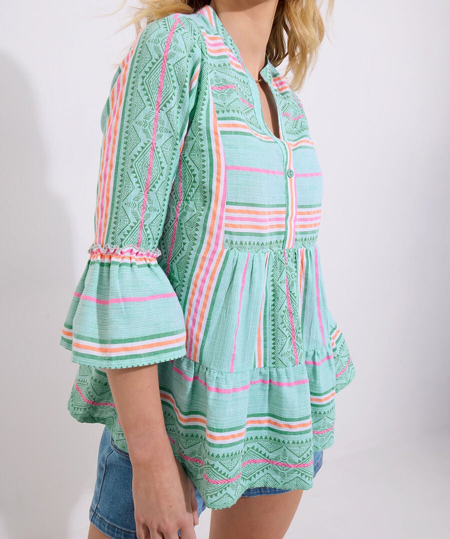 Bell Sleeve Tunic, AQUA BOHO STRIPES, on-hover image number 1