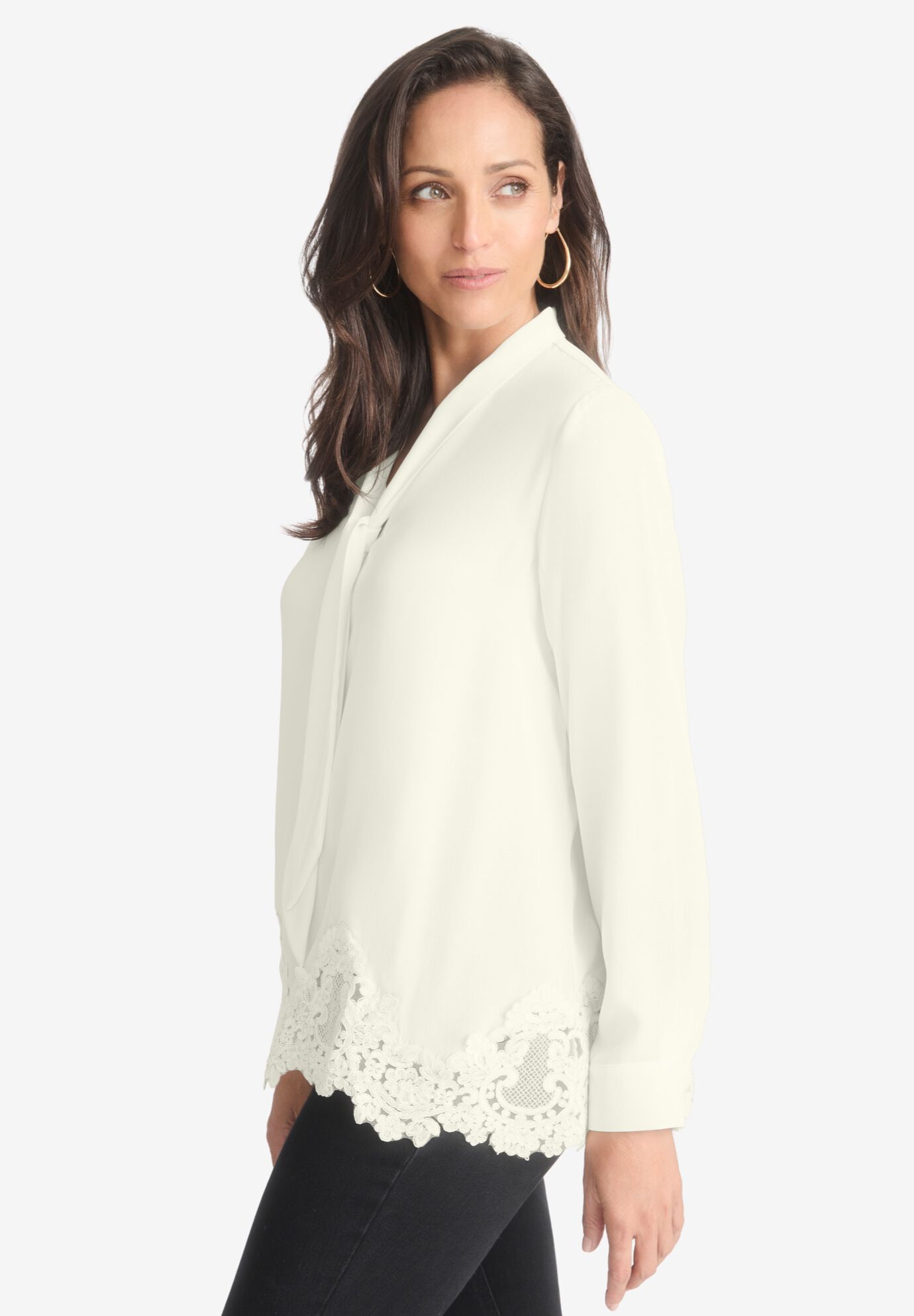 Lace Trim Bow Blouse, IVORY, alternate image number 3