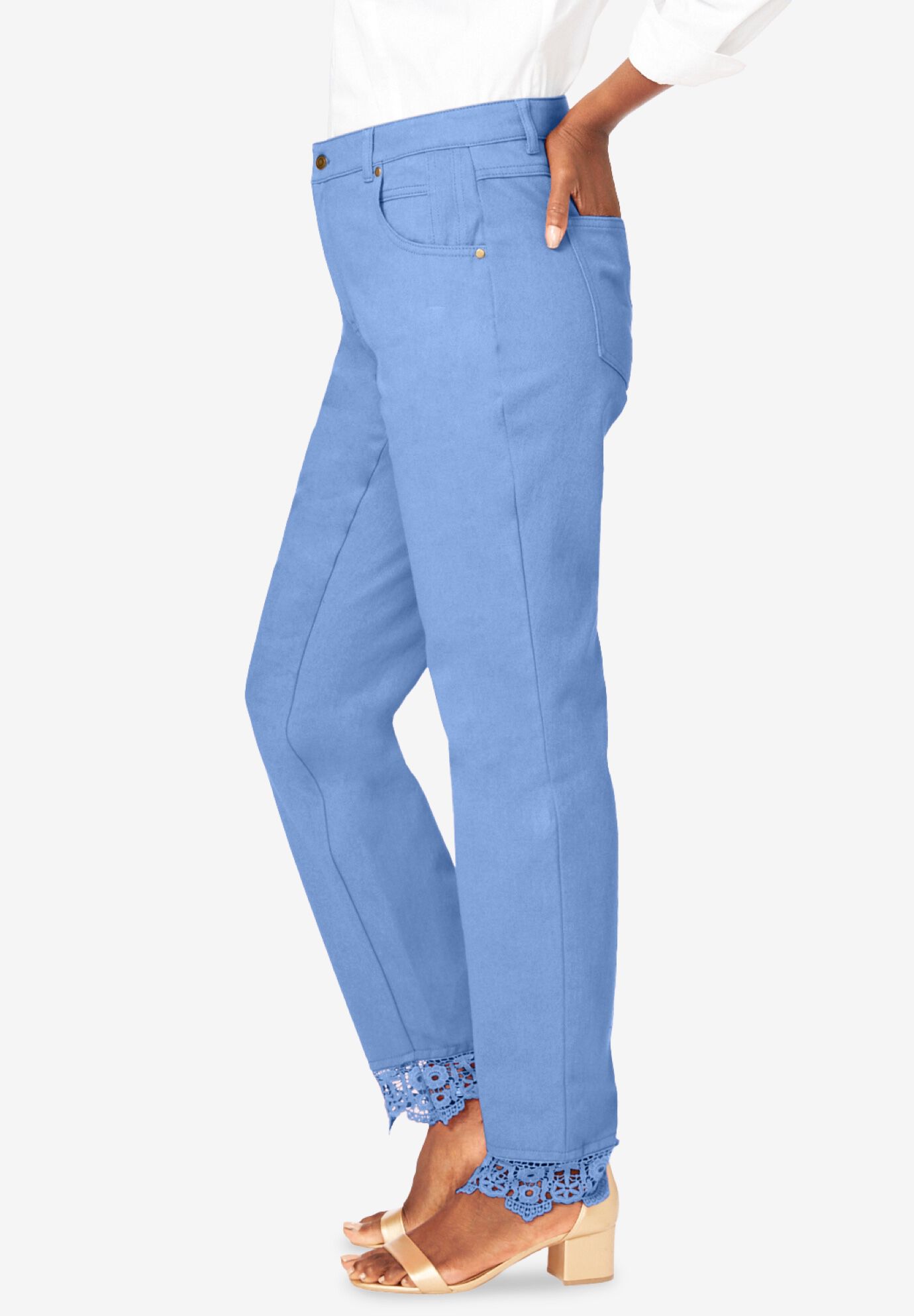 Lace Trim Classic Denim Jean, FRENCH BLUE, alternate image number 2