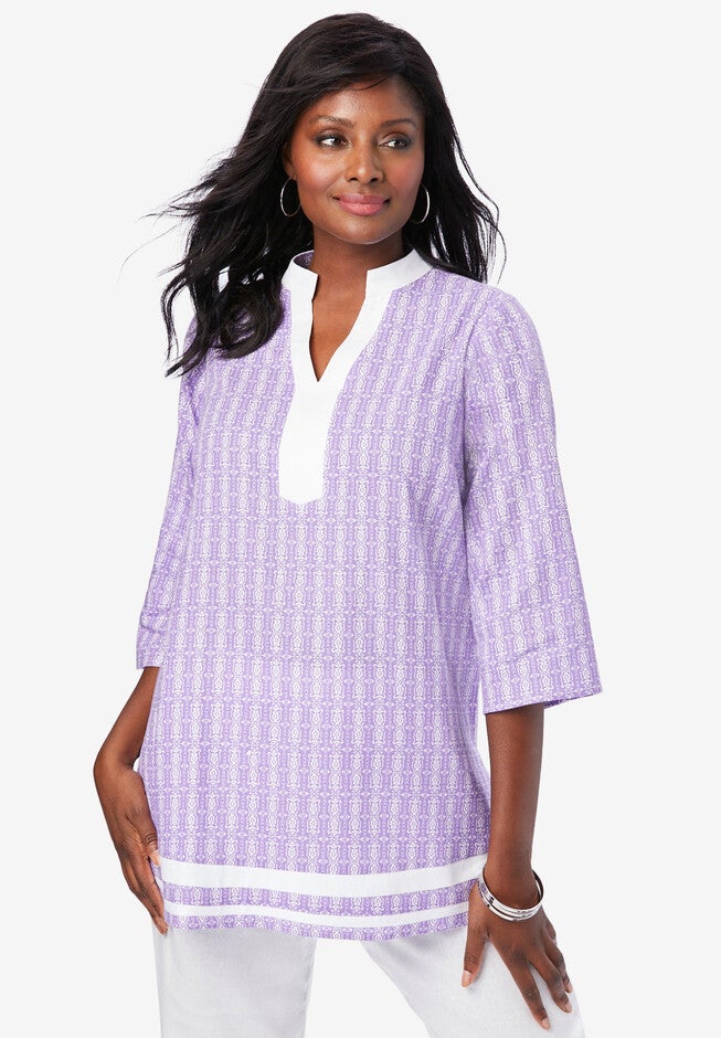 Notch Neck Linen Tunic, VINTAGE LAVENDER TILE, hi-res image number null