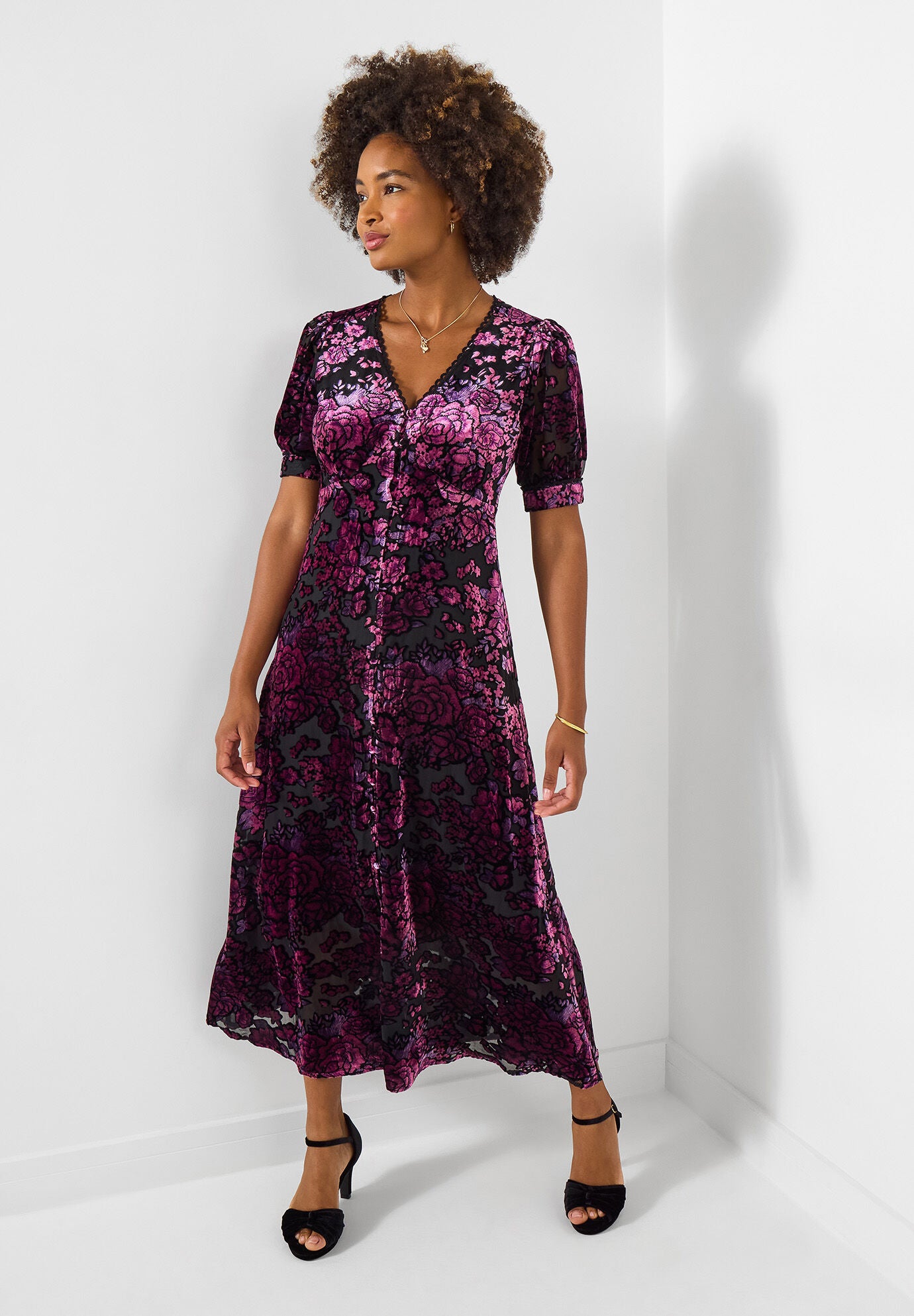Burnout Velvet V-Neck Midi Dress, PURPLE BURNOUT BLOOM, hi-res image number 0