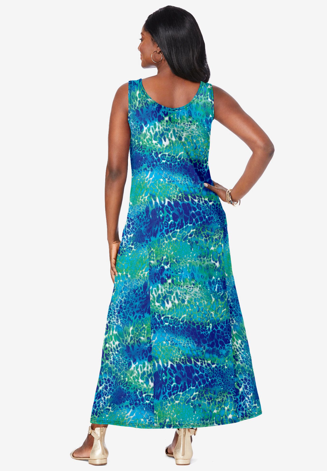 Stretch Cotton Tank Maxi Dress, OCEAN PRINT, on-hover image number 1
