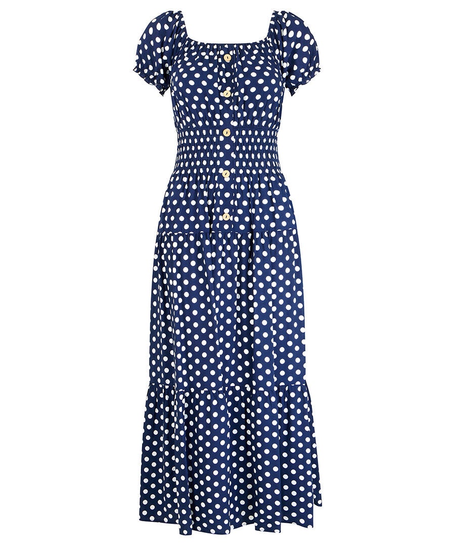 Square Neck Smocked Maxi Dress, RETRO POLKA DOT, alternate image number 3
