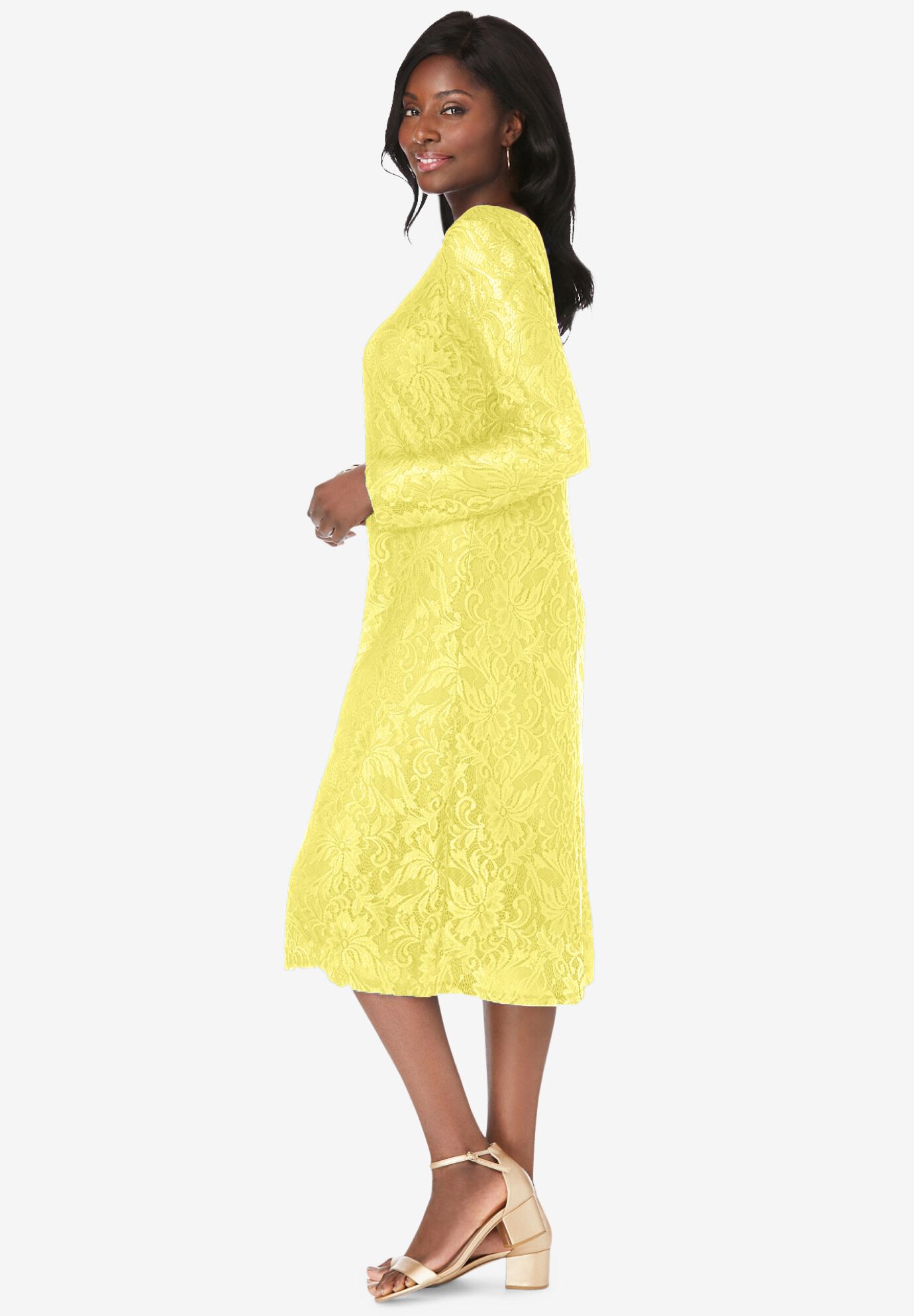Stretch Lace Shift Dress, BRIGHT LEMON, alternate image number 2