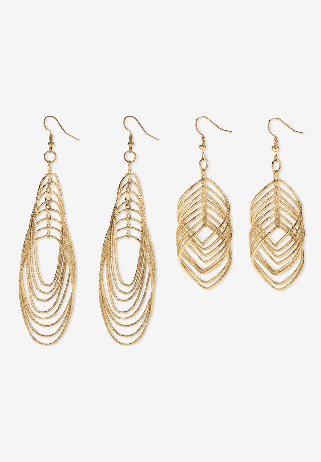 Goldtone Diamond Cut 2 Piece Set Drop Earrings (72x24mm), GOLD, hi-res image number 0