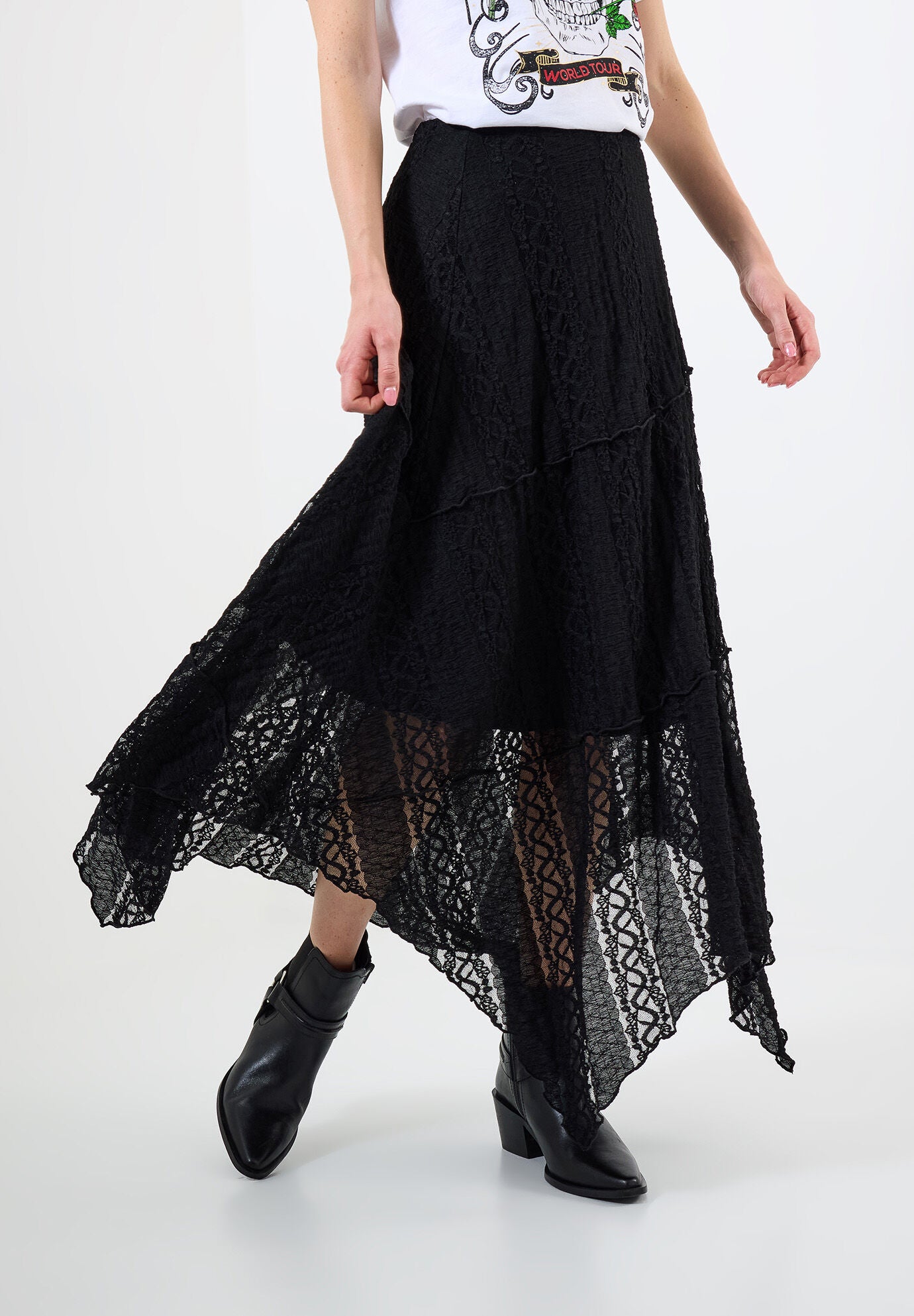 Stretch Lace Hanky Hem Maxi Skirt, BLACK, on-hover image number 1
