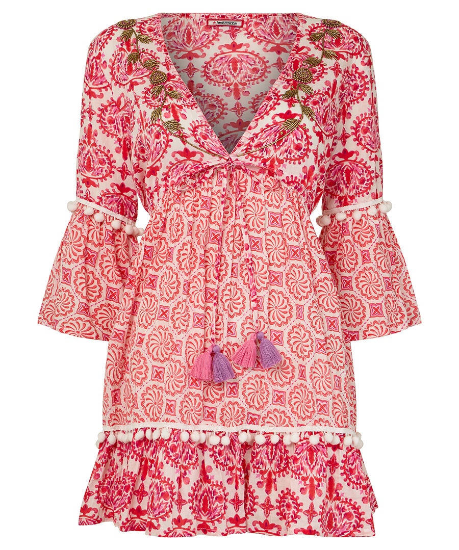 Bell Sleeve Pom Pom Tunic, BOHO MEDALLION PATCHWORK, alternate image number 3