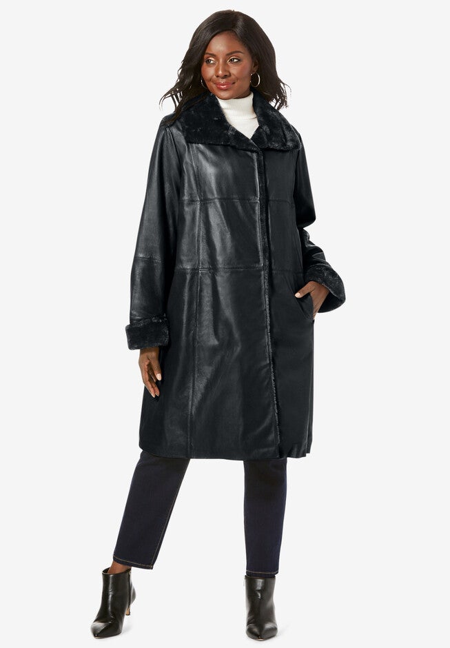 Fur-Trim Leather Swing Coat, BLACK, hi-res image number null