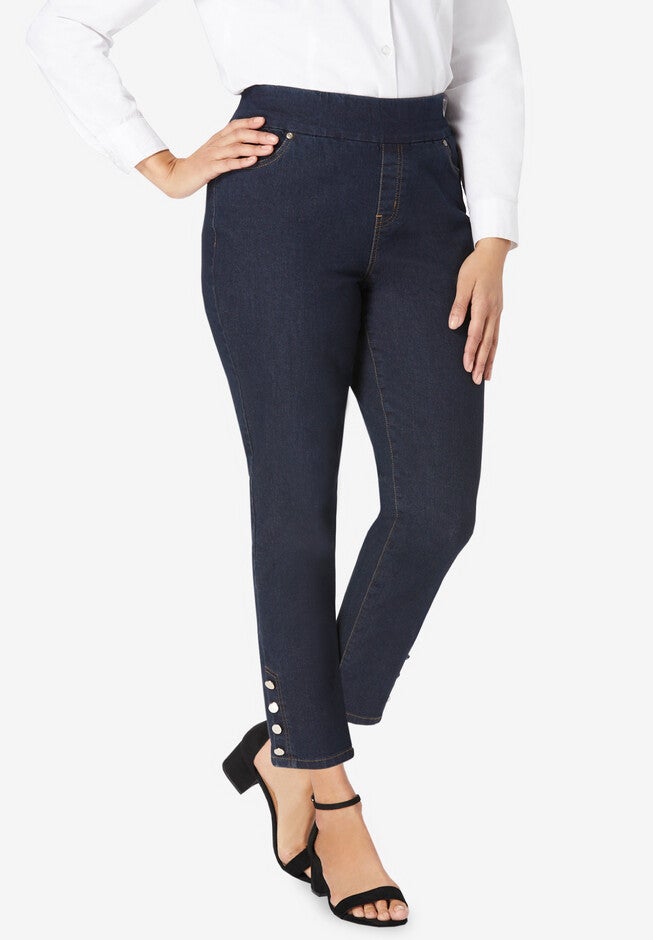 Comfort Waist Stretch Denim Side Button Ankle Jean, INDIGO, hi-res image number 0