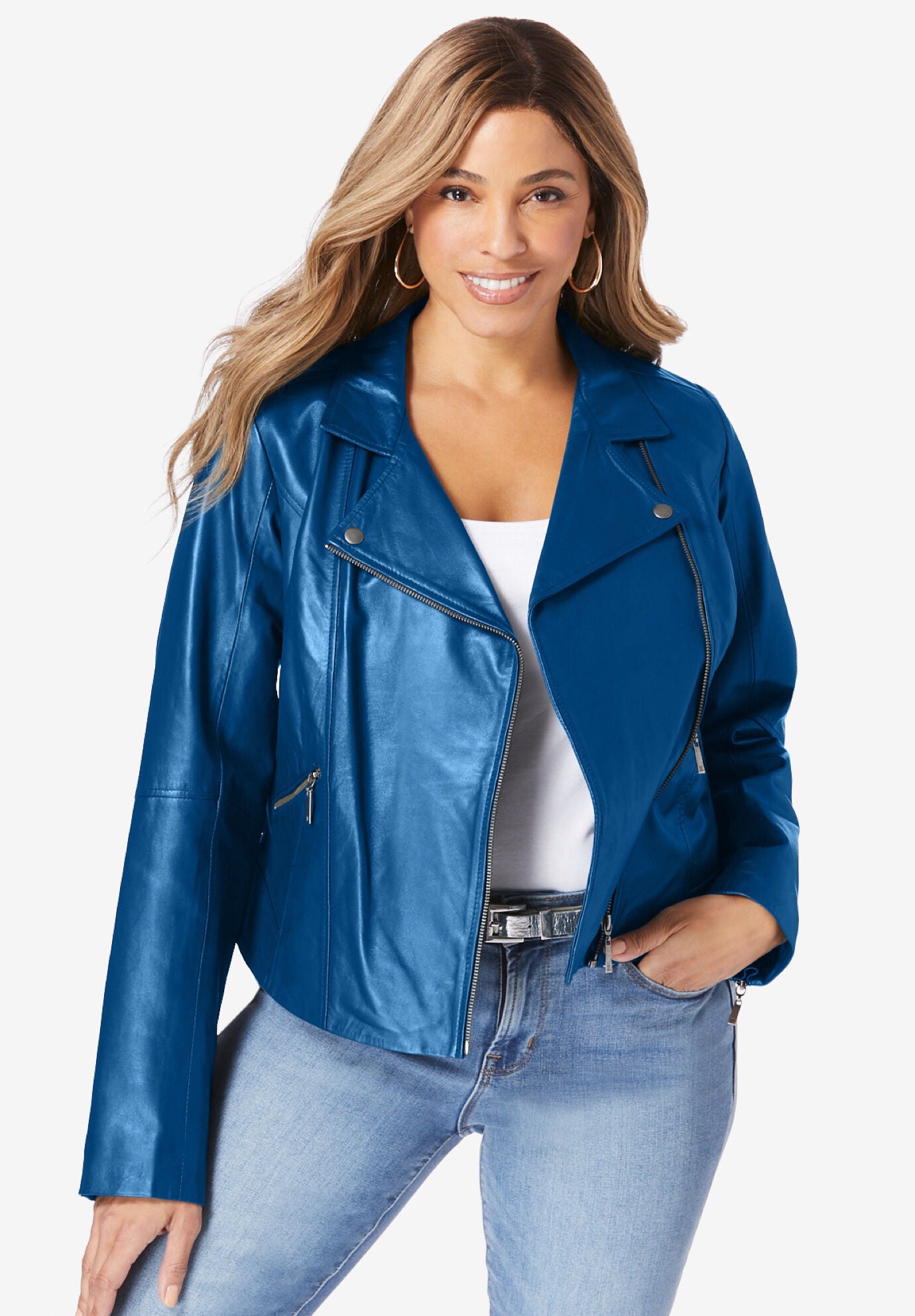 Leather Moto Jacket, OCEAN TEAL, hi-res image number 0