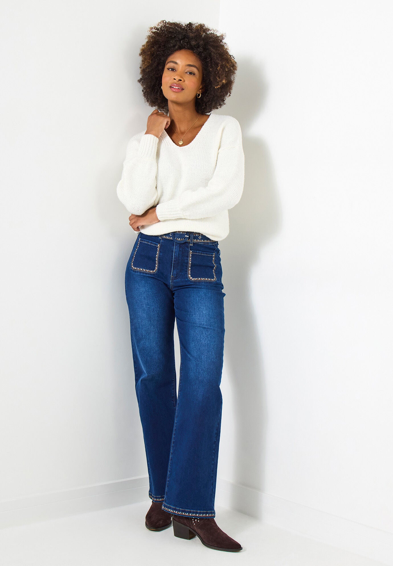 Embroidered Wide Leg Jeans