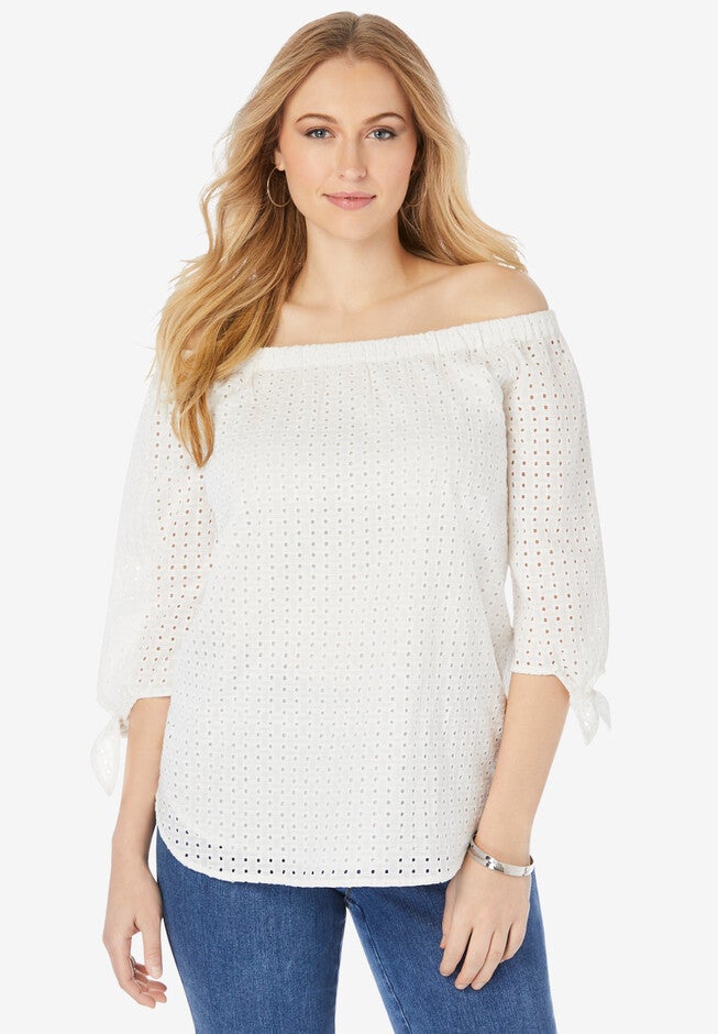 Eyelet Off-The-Shoulder Shirt, WHITE, hi-res image number null