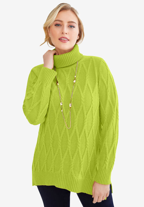 Cable Turtleneck Sweater, DARK LIME, hi-res image number null