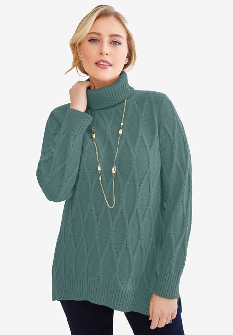 Cable Turtleneck Sweater, DARK LIME, hi-res image number null