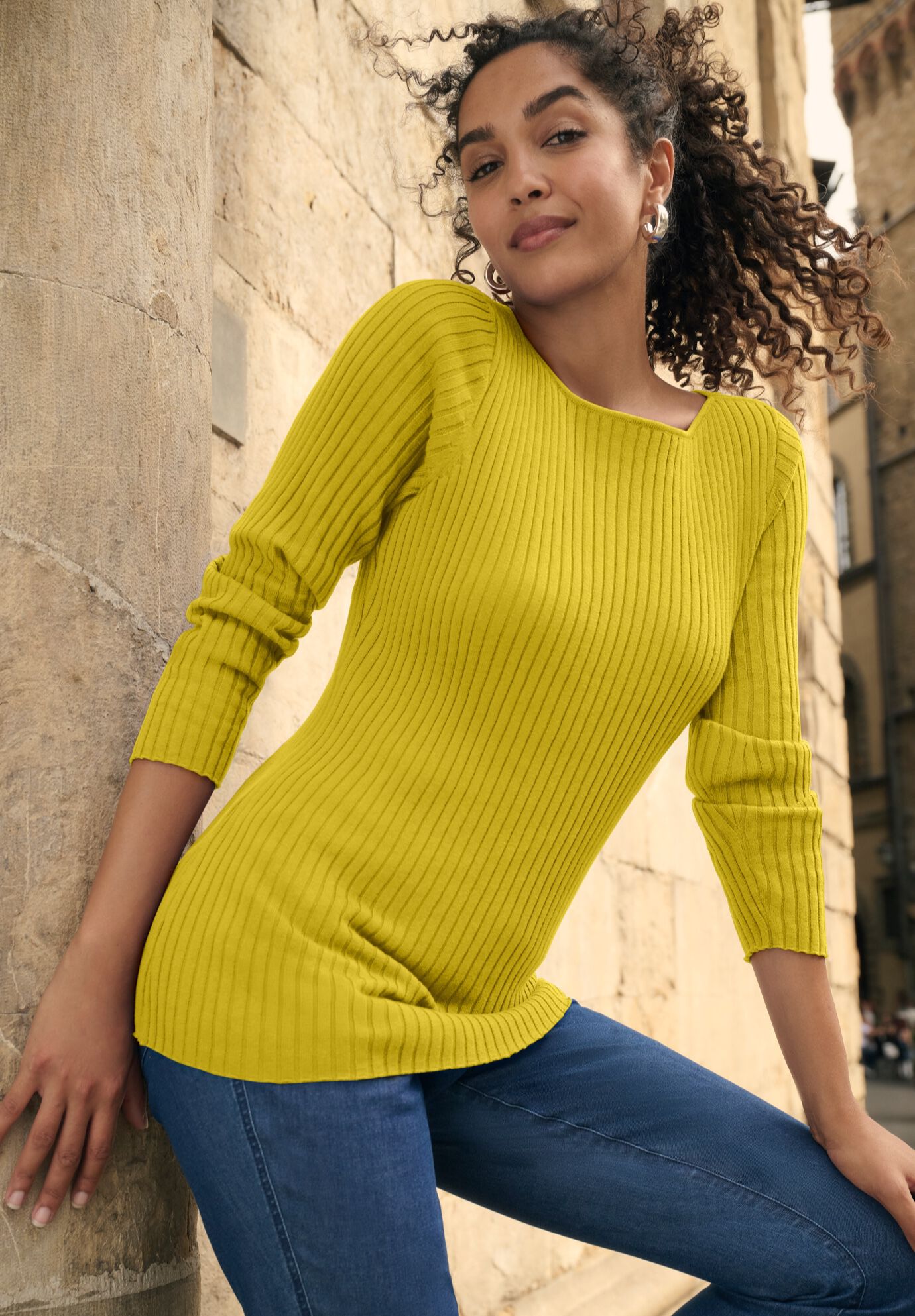 Ribbed Knit Pullover Boatneck Sweater, GOLDEN CITRUS, on-hover image number 1