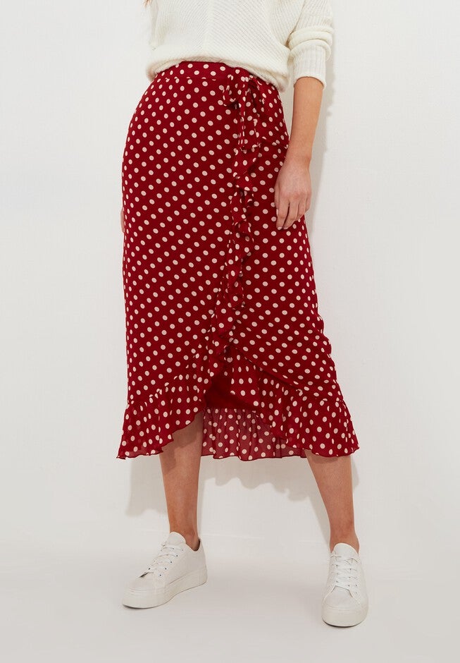 Ruffle Hem Wrap Skirt, RETRO DOT, on-hover image number null