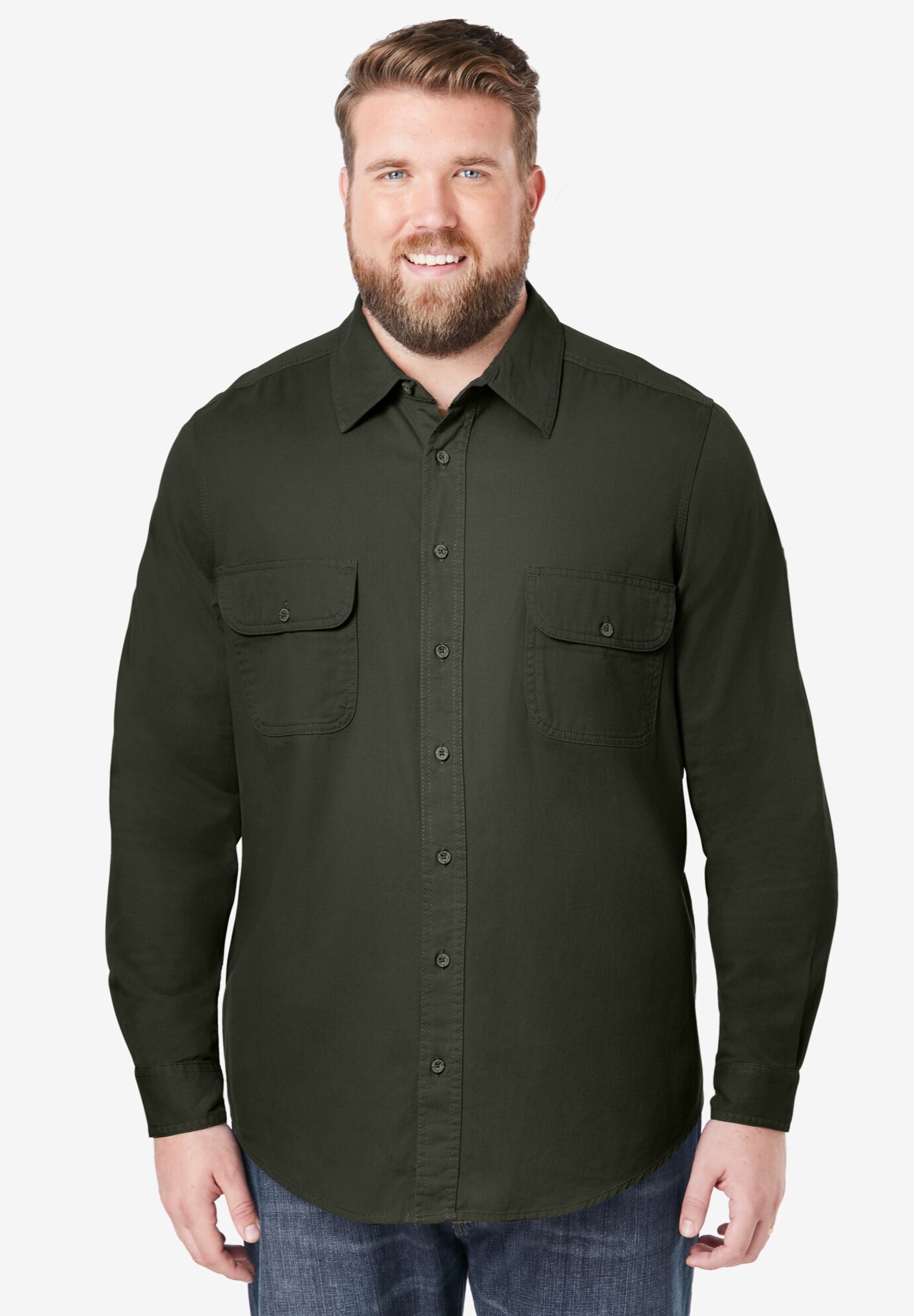 Long Sleeve Denim and Twill Shirt, FOREST GREEN, alternate image number 4