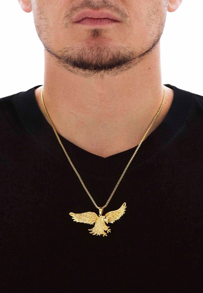 Yellow Gold Plated Round Black Flying Eagle Pendant Cubic Zirconia, , alternate image number null