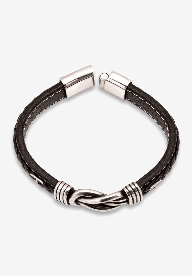 Men'S Stainless Steel Leather Cuff Bracelet 9-Inch, , on-hover image number null