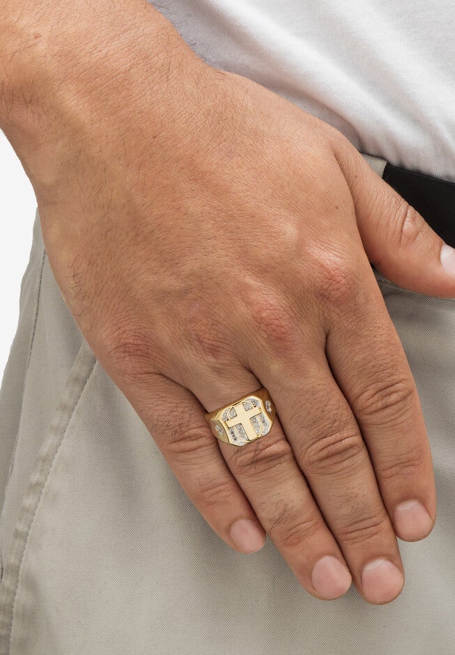 Men'S Yellow Gold-Plated Round Genuine Diamond Cross Ring (1/5 Cttw), , alternate image number 2