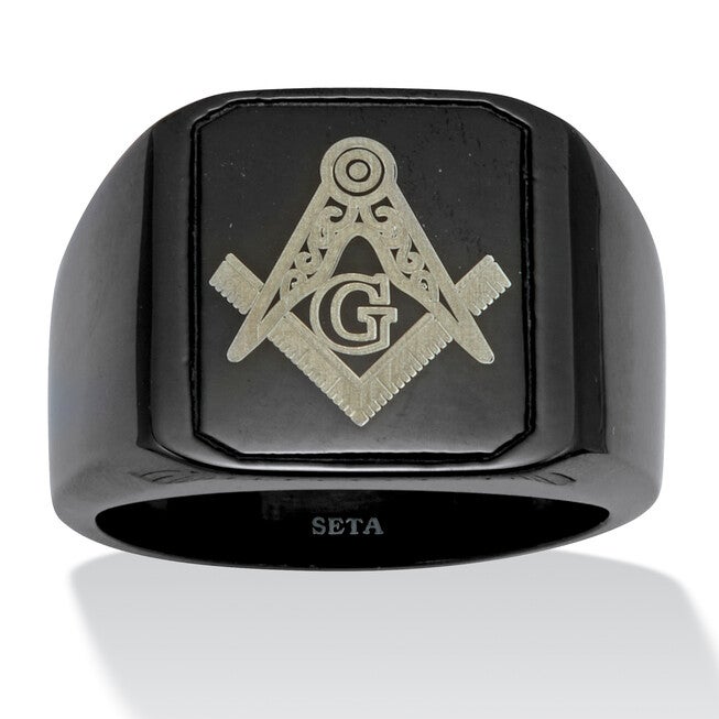 Men's Black Stainless Steel Masonic Ring, BLACK, hi-res image number null