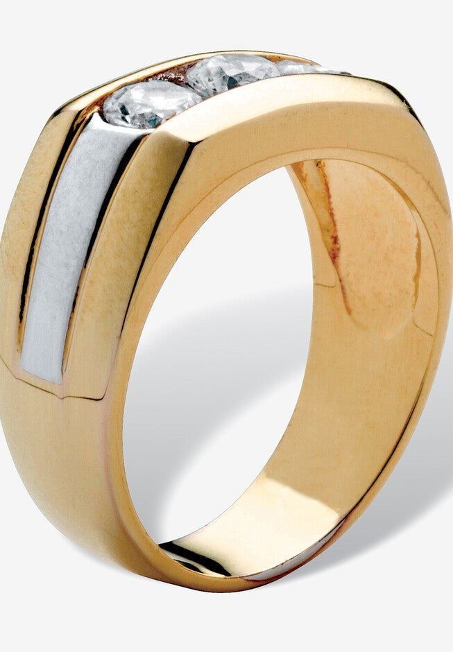 Men's Yellow Gold Plated Cubic Zirconia Two Tone 3 Stone Ring, , on-hover image number null