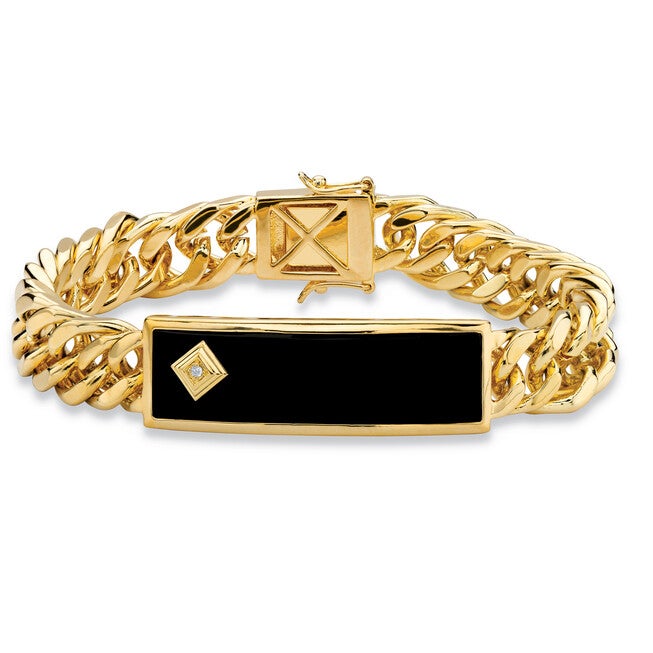 Men's Genuine Onyx and Diamond Accent Gold-Plated Curb-Link Bracelet 8 inches, BLACK, hi-res image number 0