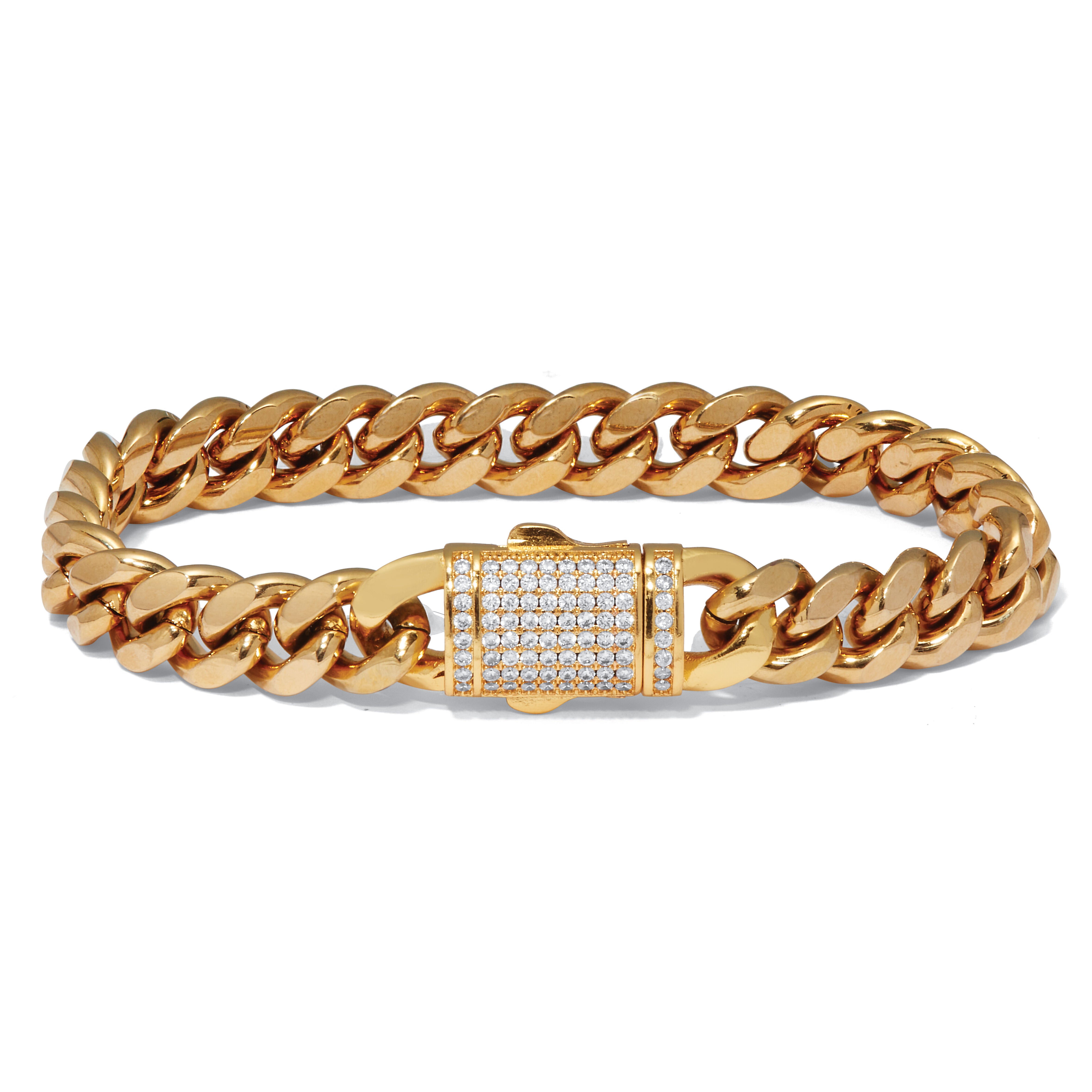 Yellow Gold Ion-Plated Stainless Steel Round Crystal Curb Link Bracelet 9.5-inch, WHITE, hi-res image number 0