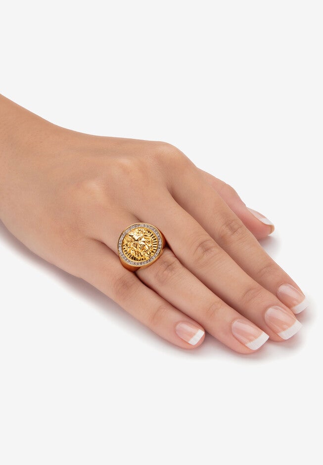 Unisex Yellow Gold-Plated Round Cubic Zirconia Lion Head Ring (3/8 Cttw Tdw), , alternate image number null