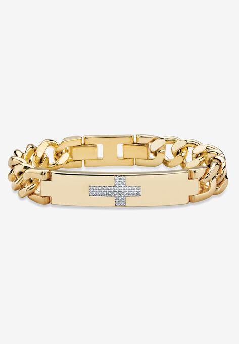 9" Gold-Plated Round Genuine Diamond Cross Curb-Link Bracelet, GOLD, hi-res image number null