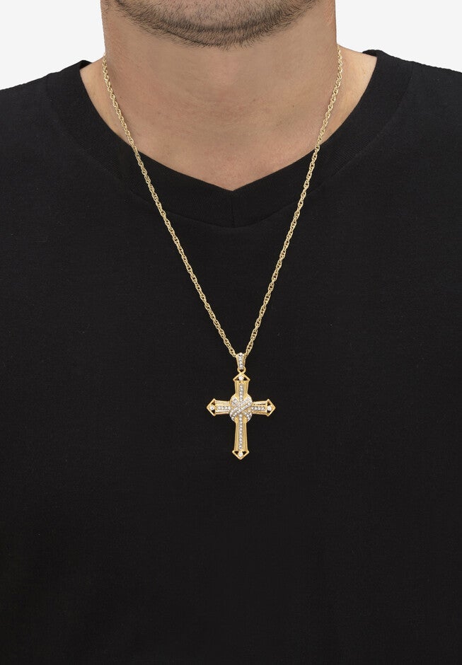 Men'S Gold Tone Cross Pendant With 24 inches Chain, (38Mm) Round Crystal, , alternate image number null