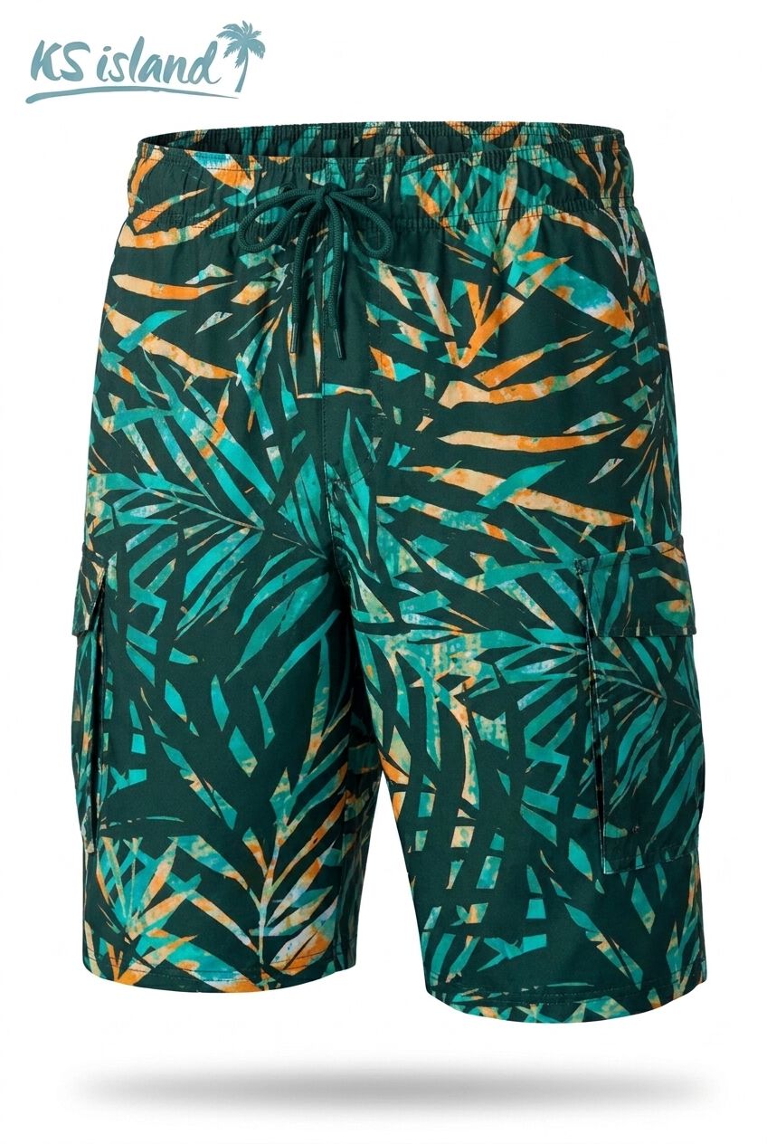 8 inches Flex Cargo Swim Trunks, GREEN PAINTERLY LEAVES, alternate image number 5