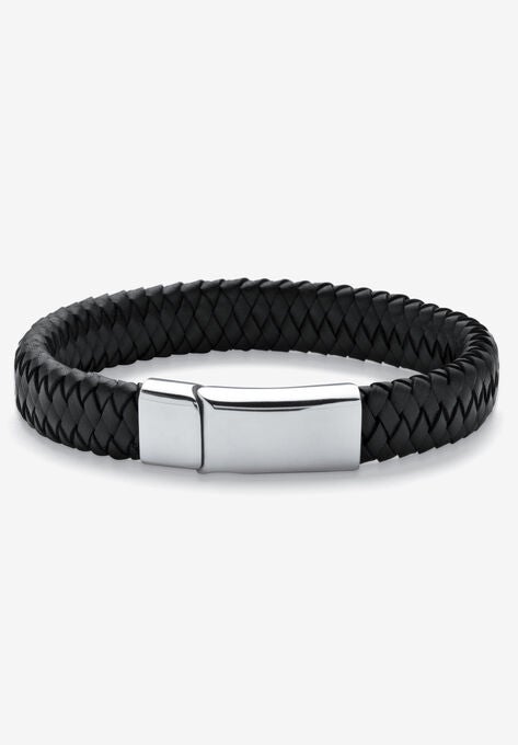 9" Braided Leather Bracelet , STAINLESS STEEL, hi-res image number null