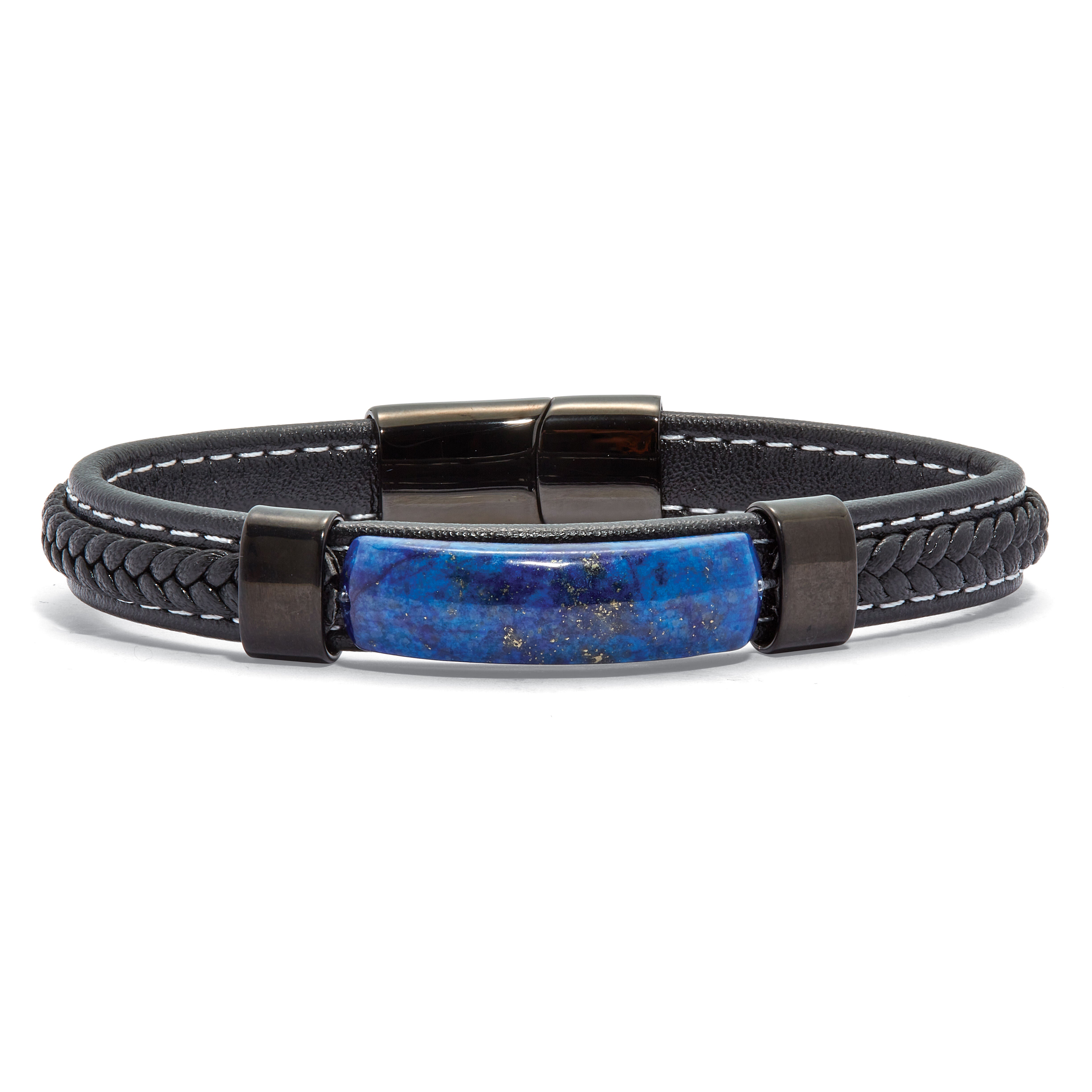 Men's Genuine Blue Lapis Black Ruthenium-Plated Braided Leather Bracelet 9-inch, BLUE, hi-res image number 0