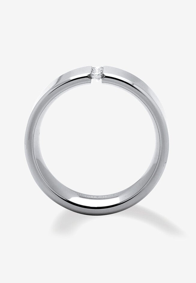 Stainless Steel Cubic Zirconia Brushed Wedding Band Ring, , on-hover image number null