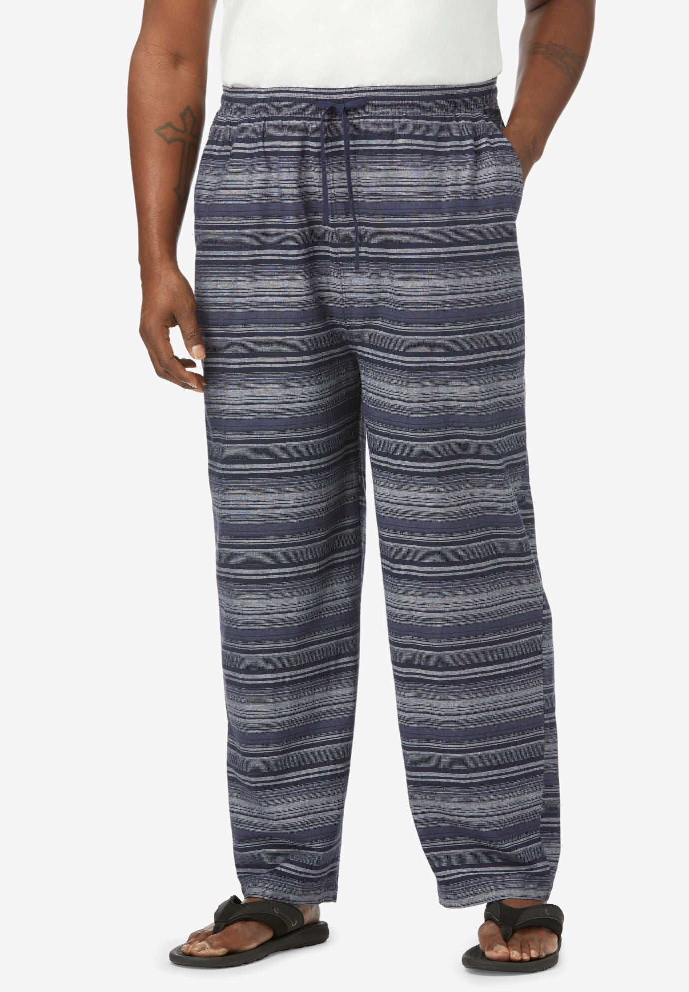 Open bottom full elastic waist hemp pants, UNEVEN NAVY STRIPE, hi-res image number 0