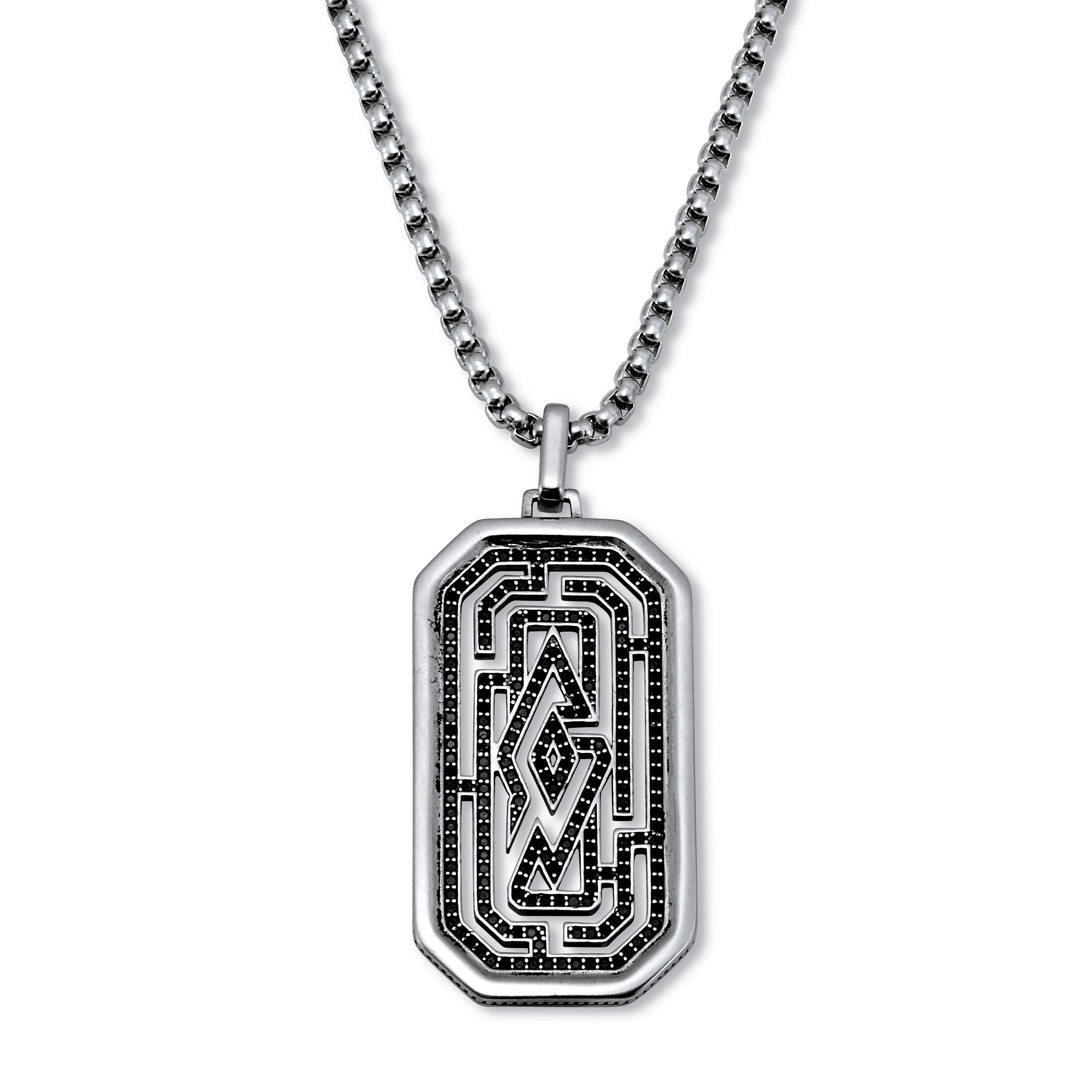 Men's Round Black Crystal Sterling Silver Dog Tag Pendant Necklace 24-inch, BLACK, hi-res image number 0