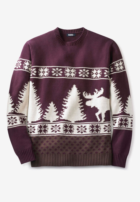 Holiday Crewneck Sweater, DEEP BURGUNDY MOOSE, hi-res image number null