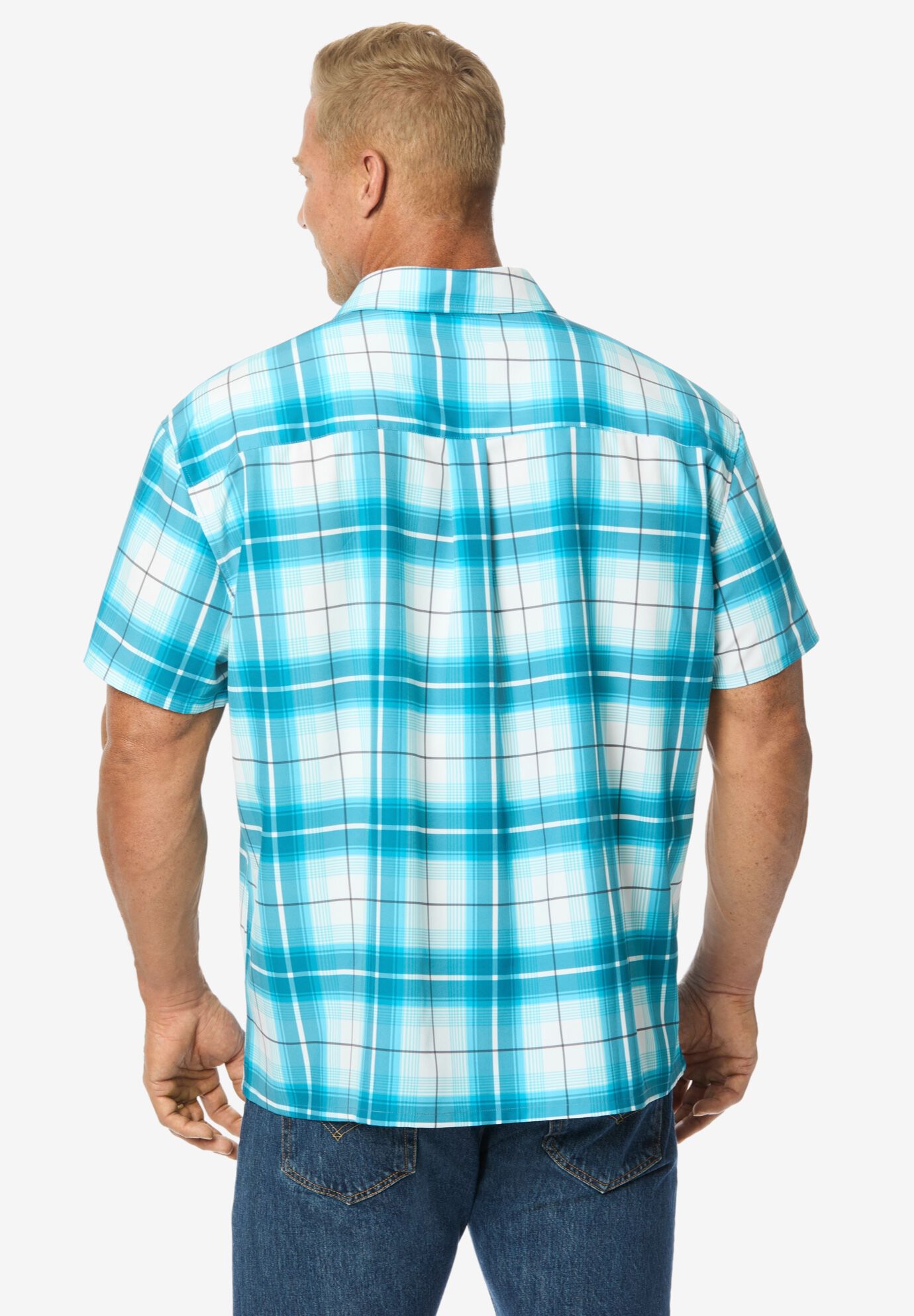Double Pocket Short Sleeve Performance Shirt, TEAL PLAID, on-hover image number 1
