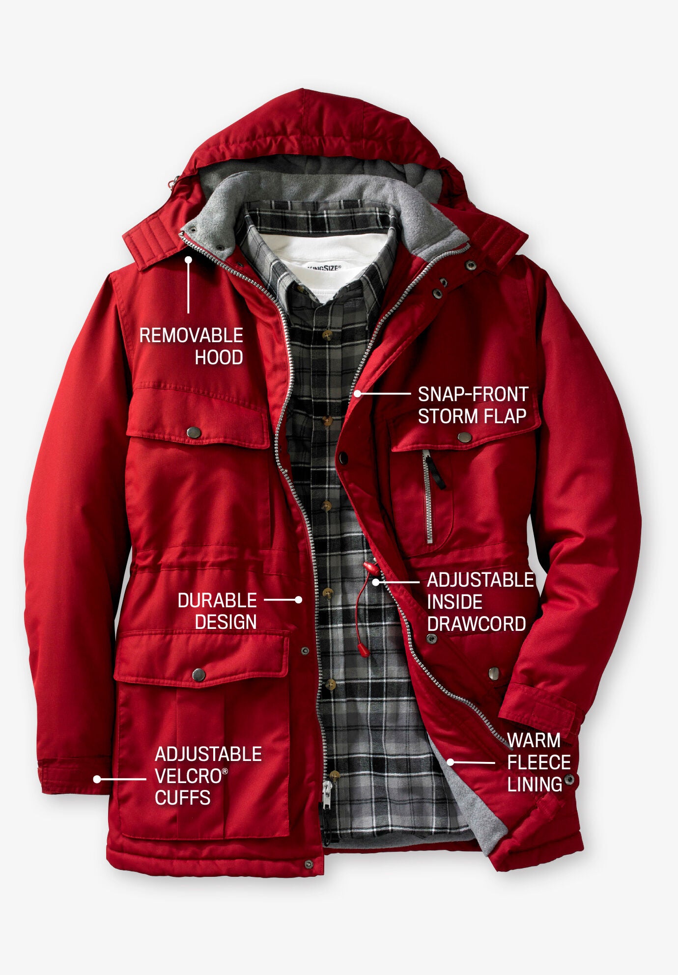 Fleece-Lined Parka with Detachable Hood and 6 Pockets, BLACK, alternate image number 2