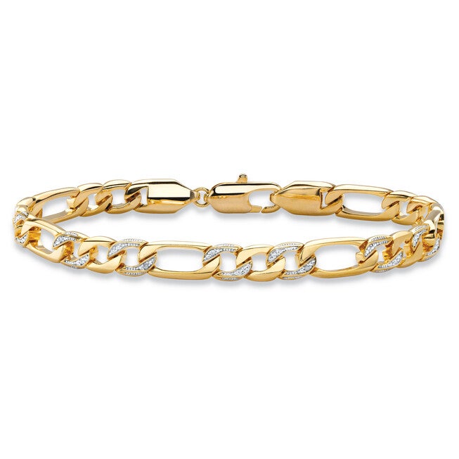 Men's Diamond Accent Pave-Style Gold-Plated Figaro-Link Bracelet 8.5 inches, WHITE, hi-res image number 0