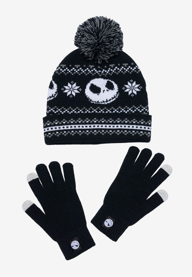 Men's Nightmare Before Christmas Knit Beanie Hat & Touch Screen Gloves 2-Piece Set, BLACK, hi-res image number 0