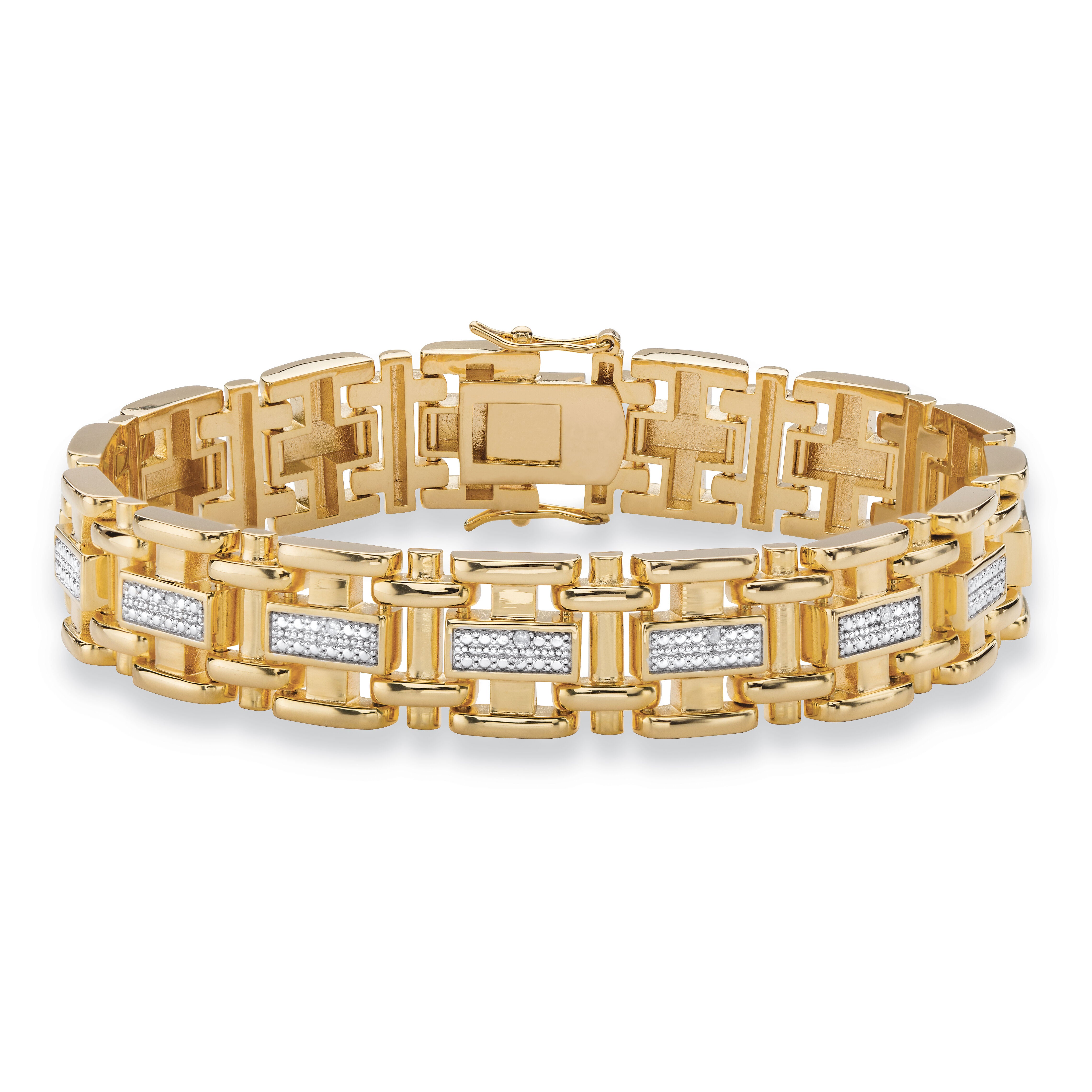 Men&#39;s Diamond Accent Yellow Gold-Plated Bar-Link Bracelet 8.5 inches, WHITE, hi-res image number 0