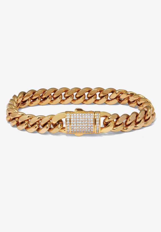 Men'S Round Crystal Gold Ion-Plated Stainless Steel Link Bracelet 8.5-Inch, GOLD, hi-res image number 0