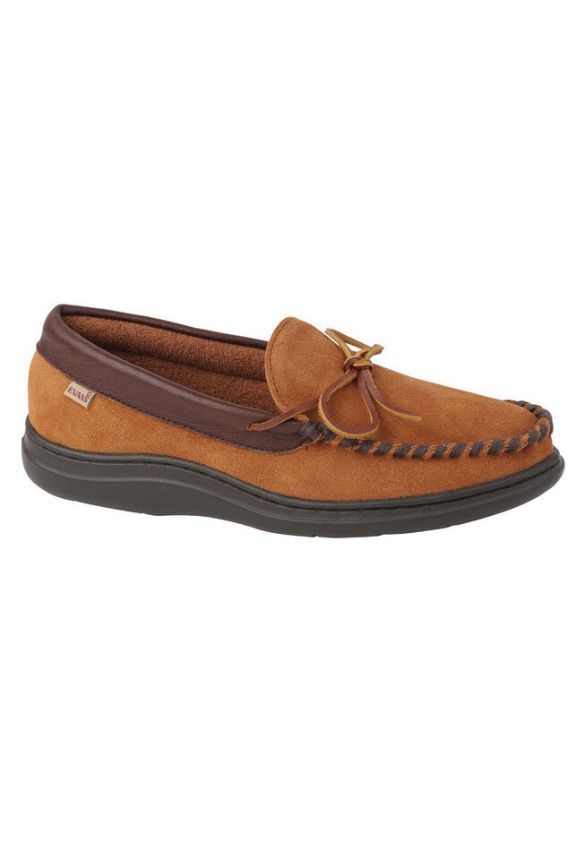 L.B. Evans Atlin Terry Lined Moccasin Slippers, SADDLE, hi-res image number 0